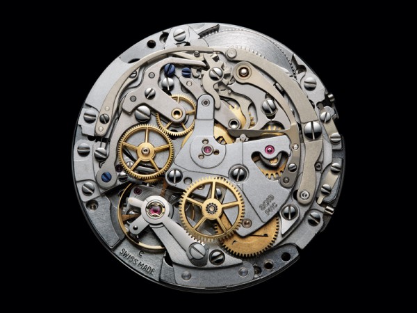 An El Primero movement from 1969. Note the column wheel at 12 o’clock. The intermediate wheel that meshes with the chronograph wheel to drive it is in red 